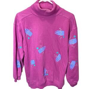 Vintage Sally Too Sweatshirt 80s Turtleneck All Over Print Pink Zumba Medium